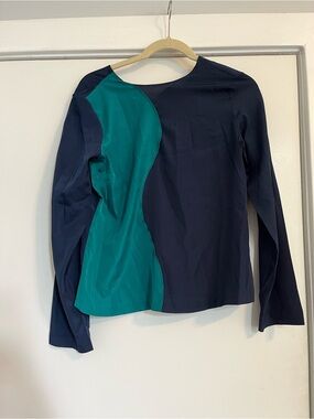 Raoul Navy Blue and Teal Green Colorblock Long-Sleeve Top satin women’s small